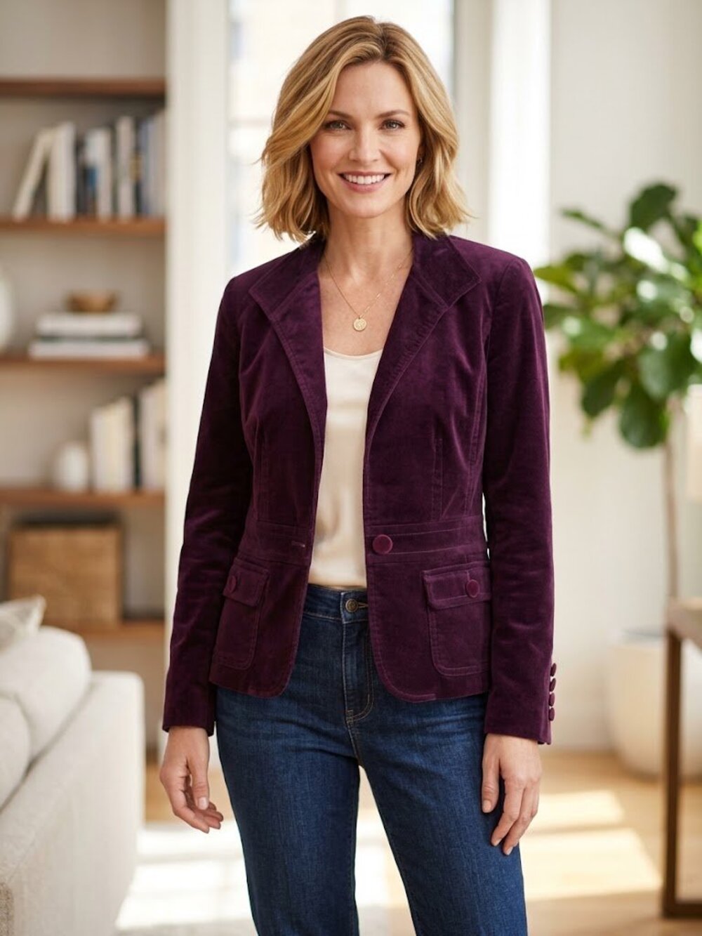 Talbots Cotton-Blend Velvet Tailored Blazer Jacket with Buttoned Flap Pockets